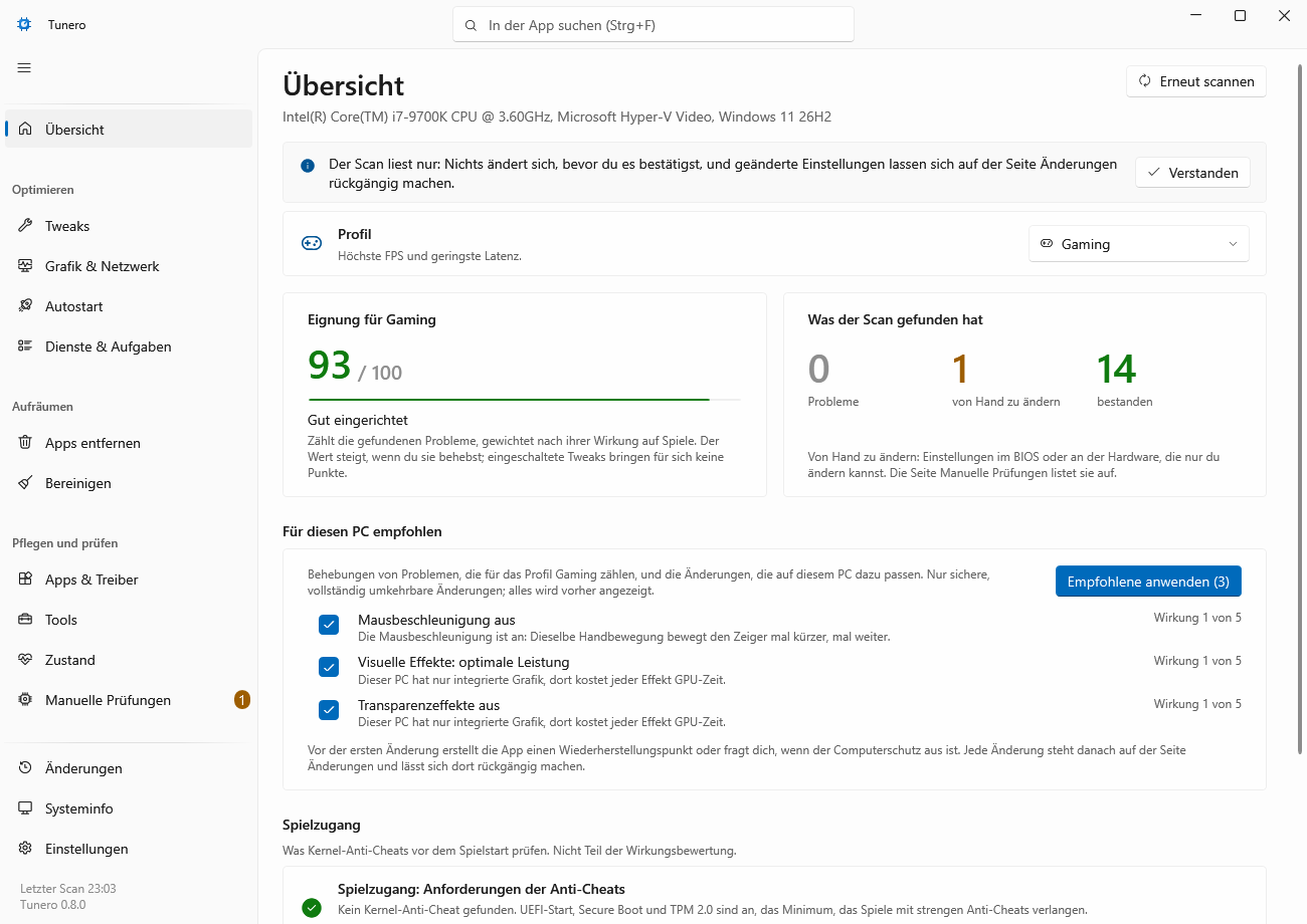 Die Übersicht von Tunero: die Eignung, was der Scan gefunden hat, und die empfohlenen Änderungen als Checkliste mit „Empfohlene anwenden“.