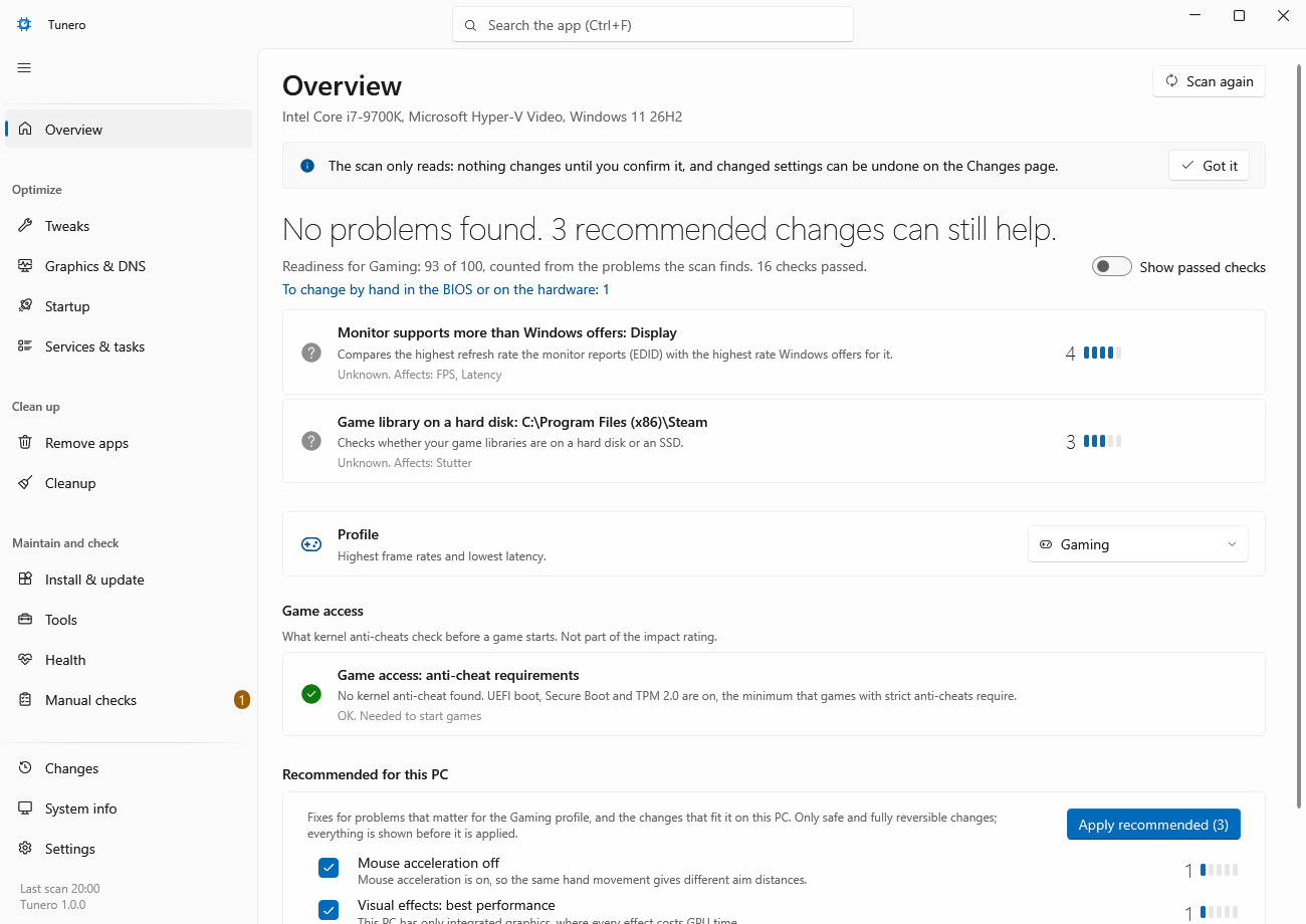The Overview page of Tunero: the verdict of the scan, the readiness score in one line, the findings with their impact rating, and the start of the recommended changes.