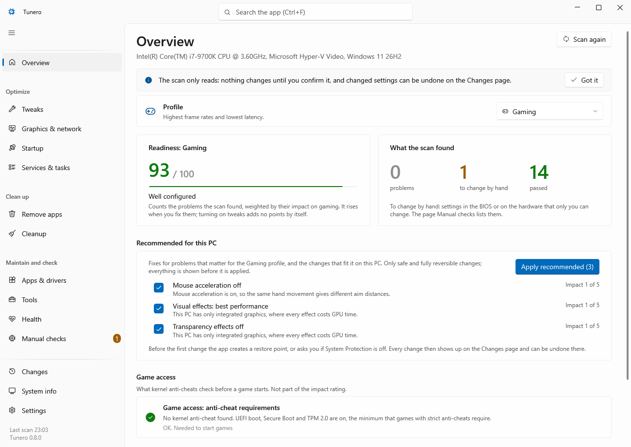 The Overview page of Tunero: the readiness score, what the scan found, and the recommended changes as a checklist with Apply recommended.