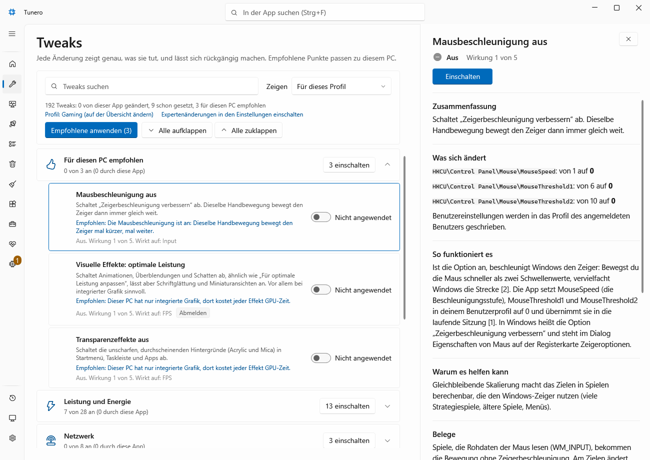 Die Seite Tweaks von Tunero: Gruppen von Tweaks mit Schaltern und die Erklärung des gewählten Tweaks im Detailbereich.