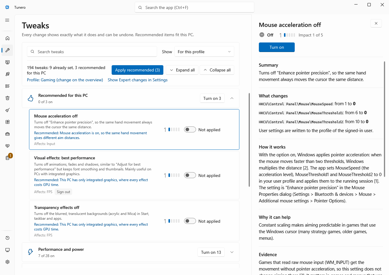 The Tweaks page of Tunero with Mouse acceleration off selected: groups of tweaks with their impact rating and switches, and its explanation in the details pane.