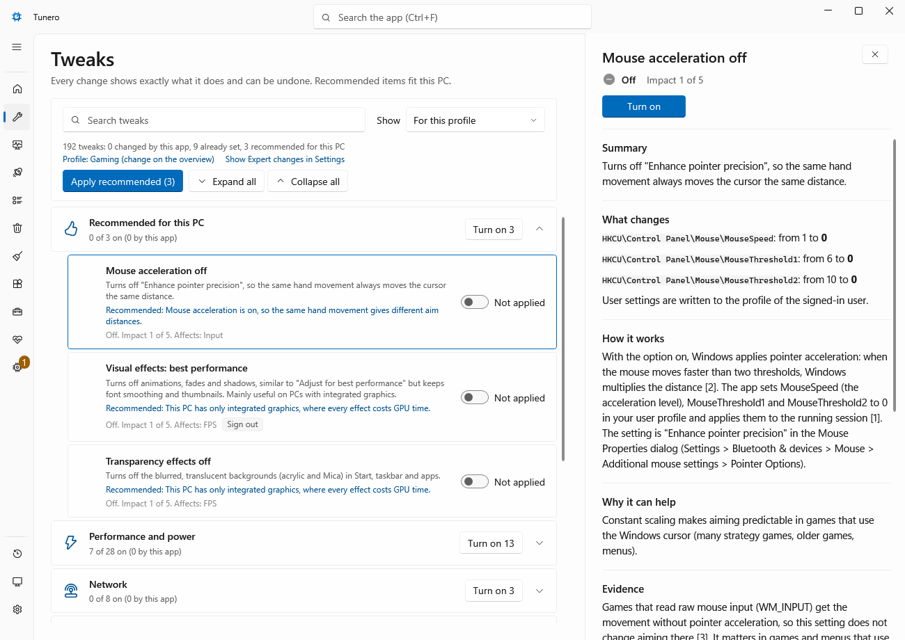 The Tweaks page of Tunero: groups of tweaks with switches, and the explanation of the selected tweak in the details pane.